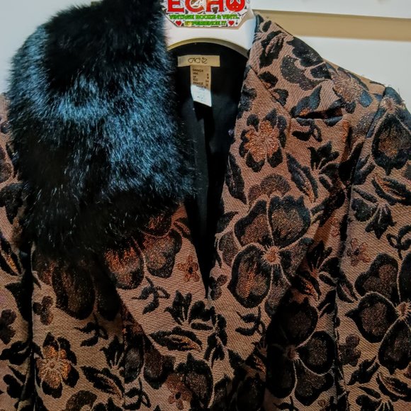 Gorgeous Cache Bronze Black Metallic Floral Brocade Blazer Removable Fur Collar - Picture 2 of 10